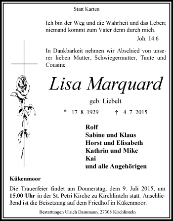 Traueranzeige von Lisa Marquard von KRZ