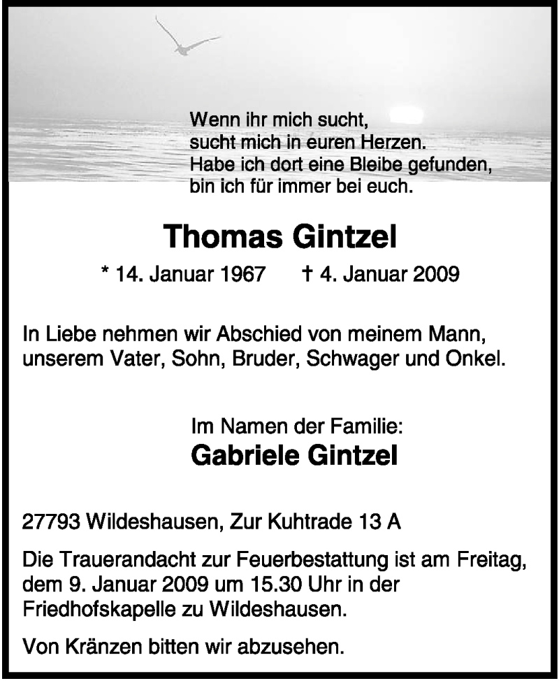  Traueranzeige für Thomas Gintzel vom 07.01.2009 aus KREISZEITUNG SYKE
