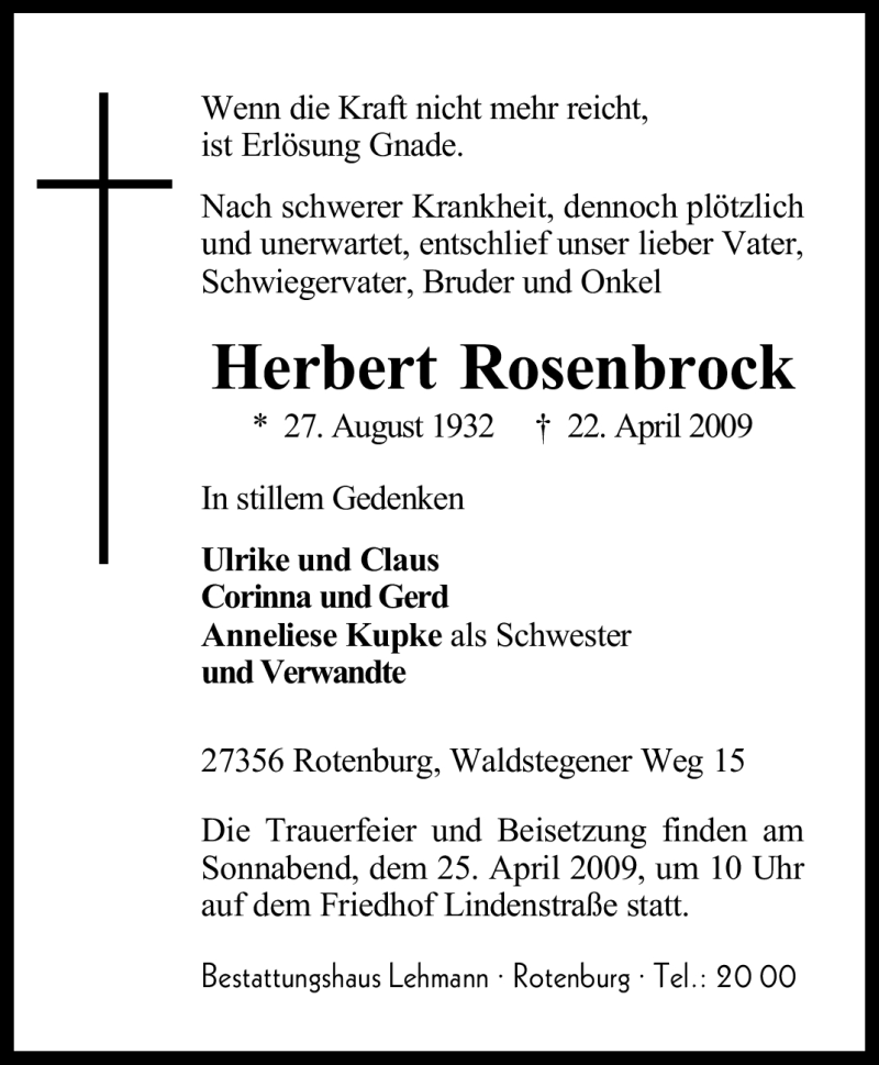  Traueranzeige für Herbert Rosenbrock vom 23.04.2009 aus KREISZEITUNG SYKE
