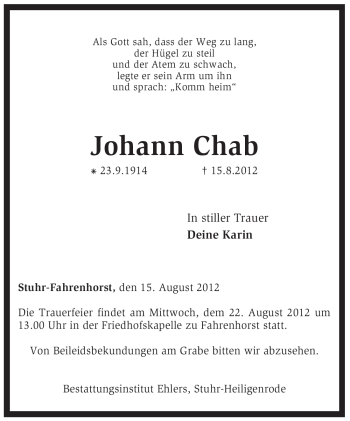 Traueranzeige von Johann Chab von KREISZEITUNG SYKE