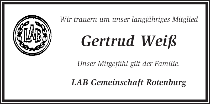  Traueranzeige für Gertrud Weiß vom 18.01.2012 aus KREISZEITUNG SYKE