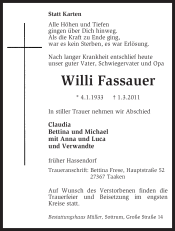 Traueranzeige von Willi Fassauer von KREISZEITUNG SYKE