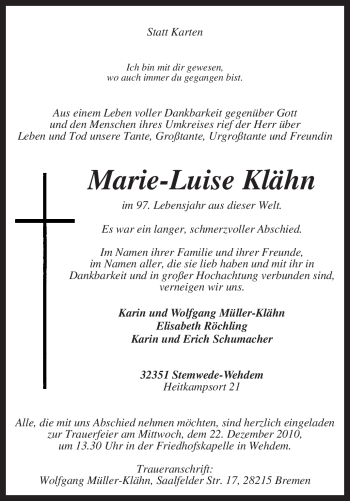 Traueranzeige von Marie-Luise Klähn von KREISZEITUNG SYKE