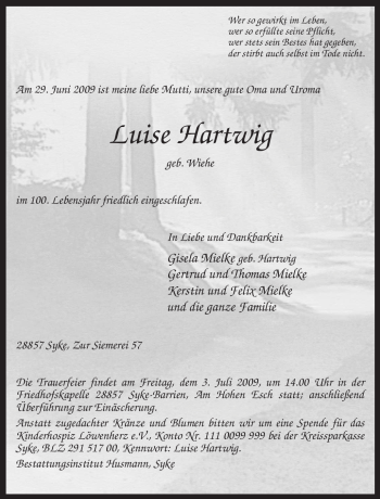 Traueranzeige von Luise Hartwig von KREISZEITUNG SYKE