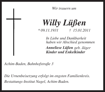 Traueranzeige von Willy Lüßen von KREISZEITUNG SYKE