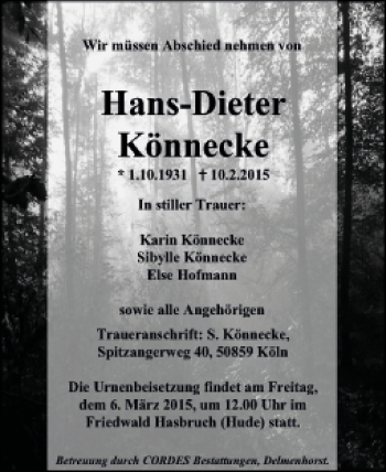 Traueranzeige von Hans-Dieter Könnecke von Kreiszeitung