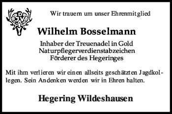 Traueranzeige von Wilhelm Bosselmann von KREISZEITUNG SYKE