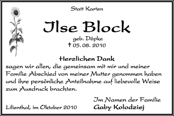 Traueranzeige von Ilse Block von KREISZEITUNG SYKE