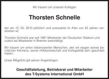 Traueranzeige von Thorsten Schnelle von KREISZEITUNG SYKE