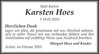 Traueranzeige von Karsten Hoes von KREISZEITUNG SYKE