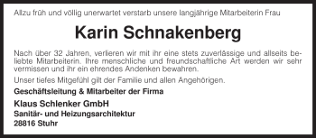 Traueranzeige von Karin Schnakenberg von KREISZEITUNG SYKE