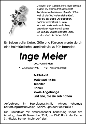 Traueranzeige von Inge Meier von KREISZEITUNG SYKE