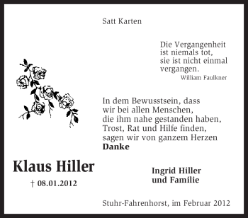 Traueranzeige von Klaus Hiller von KREISZEITUNG SYKE