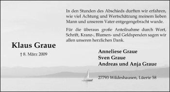 Traueranzeige von Klaus Graue von KREISZEITUNG SYKE