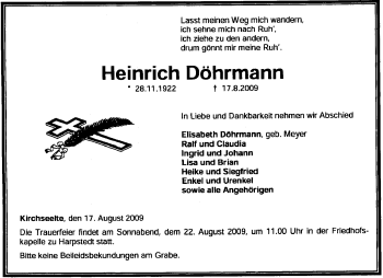 Traueranzeige von Heinrich Döhrmann von KREISZEITUNG SYKE