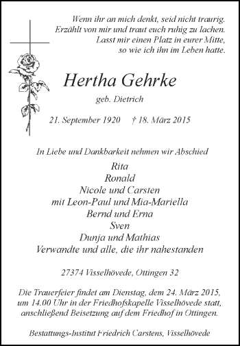 Traueranzeige von Hertha Gehrke von KRZ