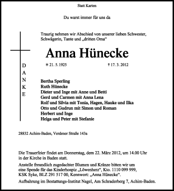 Traueranzeige von Anna Hünecket von KREISZEITUNG SYKE