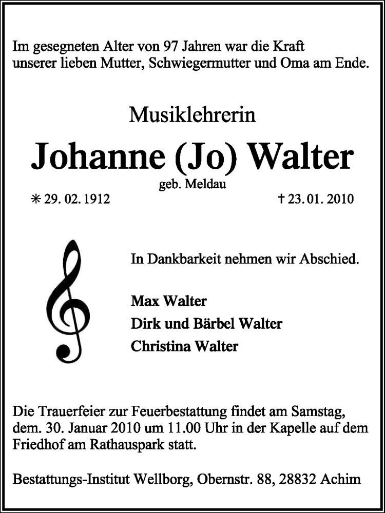  Traueranzeige für Johanne Walter vom 27.01.2010 aus KREISZEITUNG SYKE