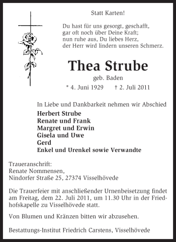 Traueranzeige von Thea Strube von KREISZEITUNG SYKE