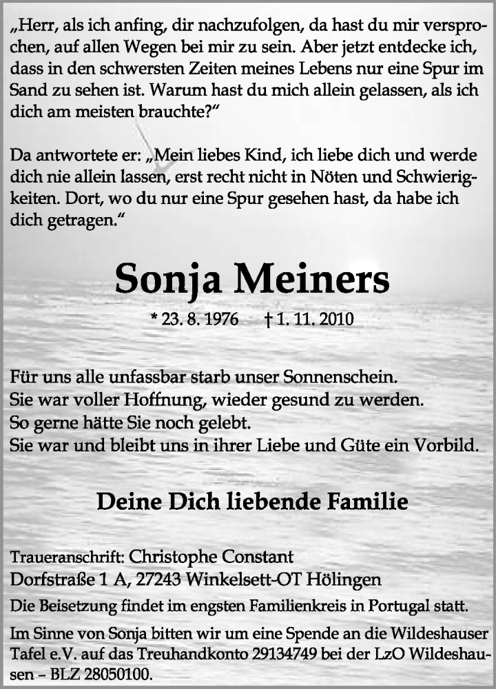  Traueranzeige für Sonja Meiners vom 06.11.2010 aus KREISZEITUNG SYKE