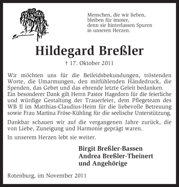 Traueranzeige von Hildegard Breßler von KREISZEITUNG SYKE