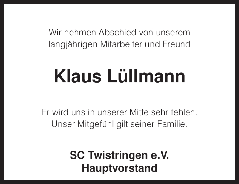  Traueranzeige für Klaus Lüllmann vom 11.09.2009 aus KREISZEITUNG SYKE
