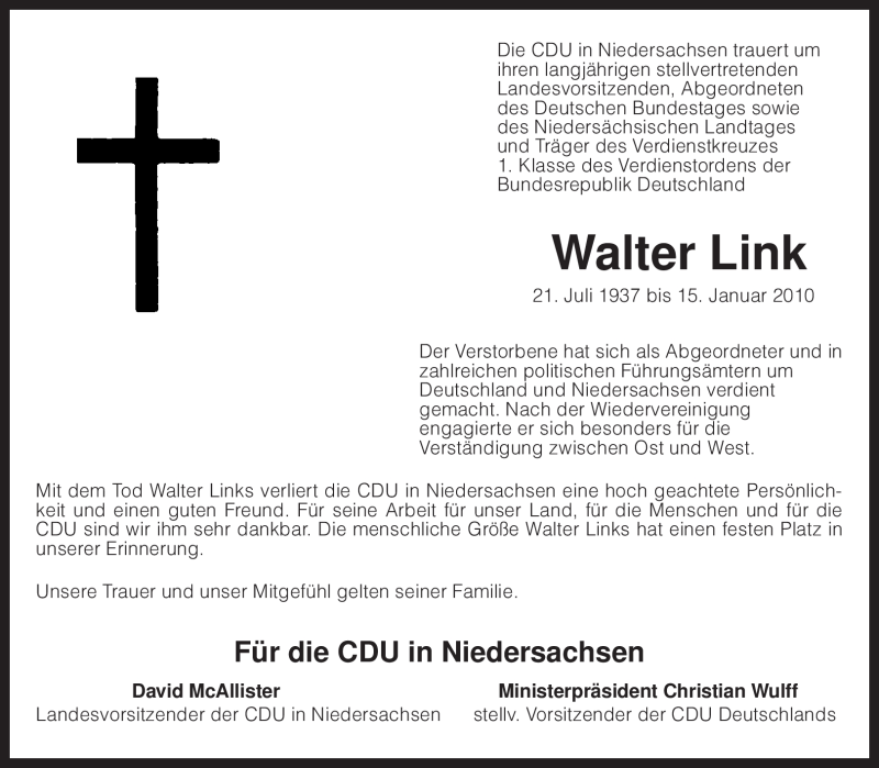  Traueranzeige für Walter Link vom 20.01.2010 aus KREISZEITUNG SYKE