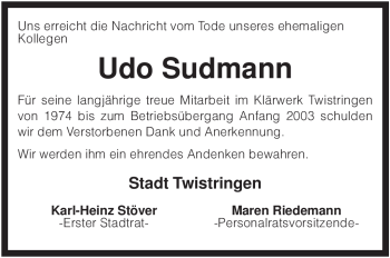 Traueranzeige von Udo Sudmann von KREISZEITUNG SYKE