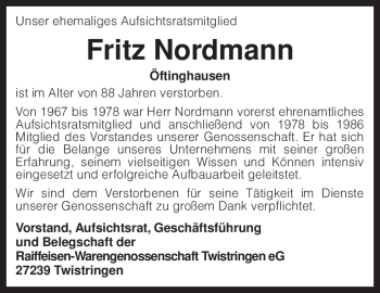 Traueranzeige von Fritz Nordmann von KREISZEITUNG SYKE