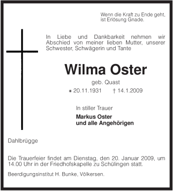 Traueranzeige von Wilma Oster von KREISZEITUNG SYKE