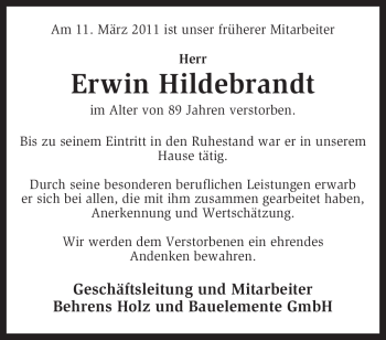 Traueranzeige von Erwin Hildebrandt von KREISZEITUNG SYKE