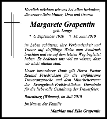 Traueranzeige von Margarete Grapentin von KREISZEITUNG SYKE