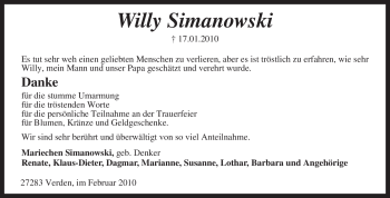 Traueranzeige von Willy Simanowski von KREISZEITUNG SYKE