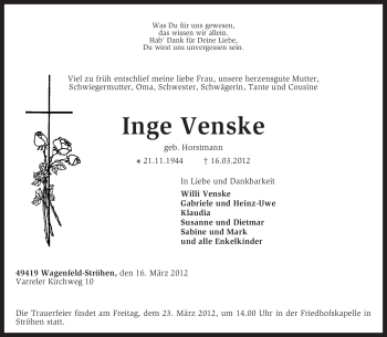 Traueranzeige von Inge Venske von KREISZEITUNG SYKE