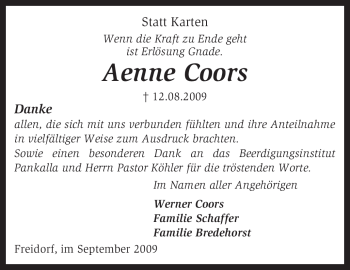 Traueranzeige von Aenne Coors von KREISZEITUNG SYKE