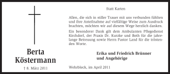 Traueranzeige von Berta Köstermann von KREISZEITUNG SYKE