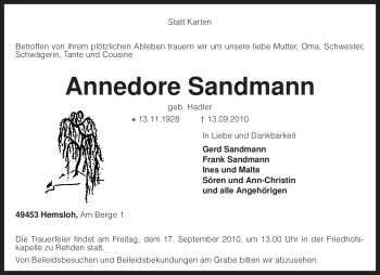 Traueranzeige von Annedore Sandmann von KREISZEITUNG SYKE