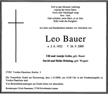 Traueranzeige von Leo Bauer von KREISZEITUNG SYKE