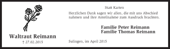 Traueranzeige von Waltraut Reimann von KRZ