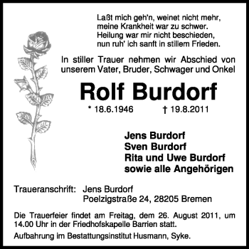 Traueranzeige von Rolf Burdorf von KREISZEITUNG SYKE