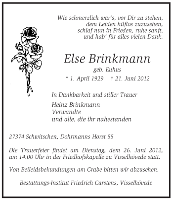 Traueranzeige von Else Brinkmann von KREISZEITUNG SYKE