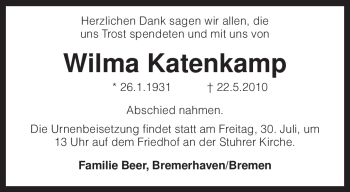 Traueranzeige von Wilma Katenkamp von KREISZEITUNG SYKE