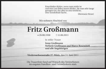 Traueranzeige von Fritz Großmann von KREISZEITUNG SYKE