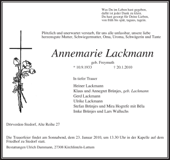 Traueranzeige von Annemarie Lackmann von KREISZEITUNG SYKE