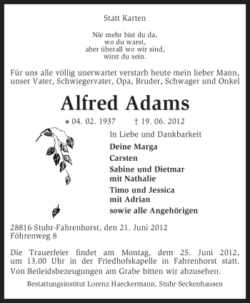 Traueranzeige von Alfred Adams von KREISZEITUNG SYKE