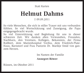 Traueranzeige von Helmut Dahms von KREISZEITUNG SYKE