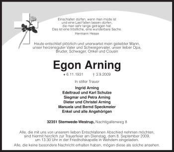 Traueranzeige von Egon Arning von KREISZEITUNG SYKE