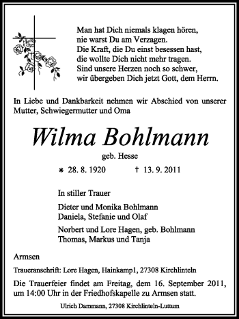 Traueranzeige von Wilma Bohlmann von KREISZEITUNG SYKE