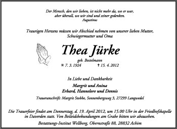 Traueranzeige von Thea Jürke von KREISZEITUNG SYKE