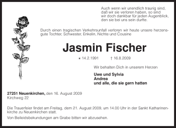 Traueranzeige von Jasmin Fischer von KREISZEITUNG SYKE